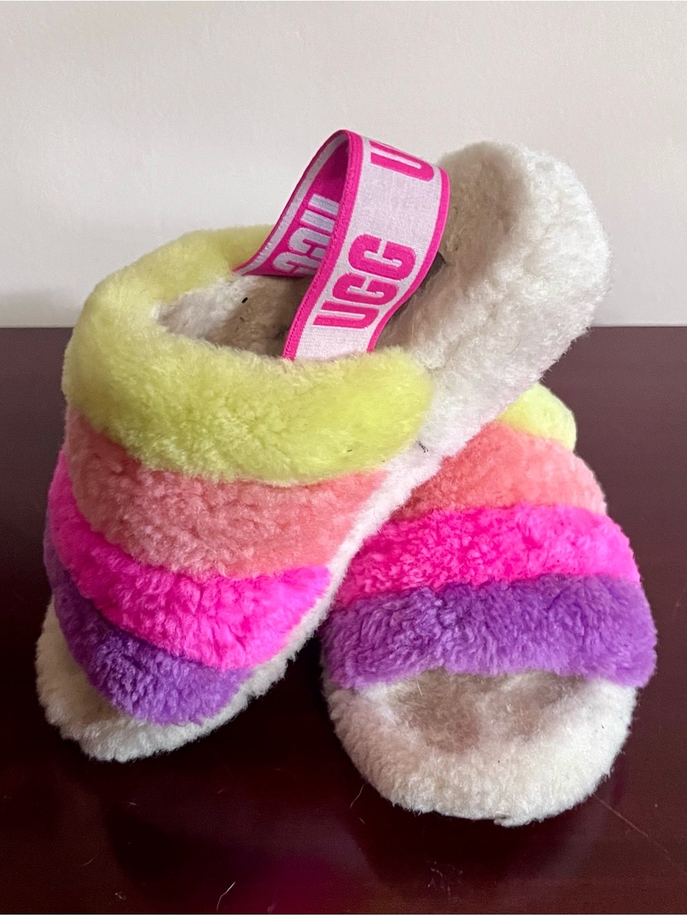 Women’s UGG Fluff Yeah Slide Rainbow Fuzz Slide Sandals with Pink Logo Strap